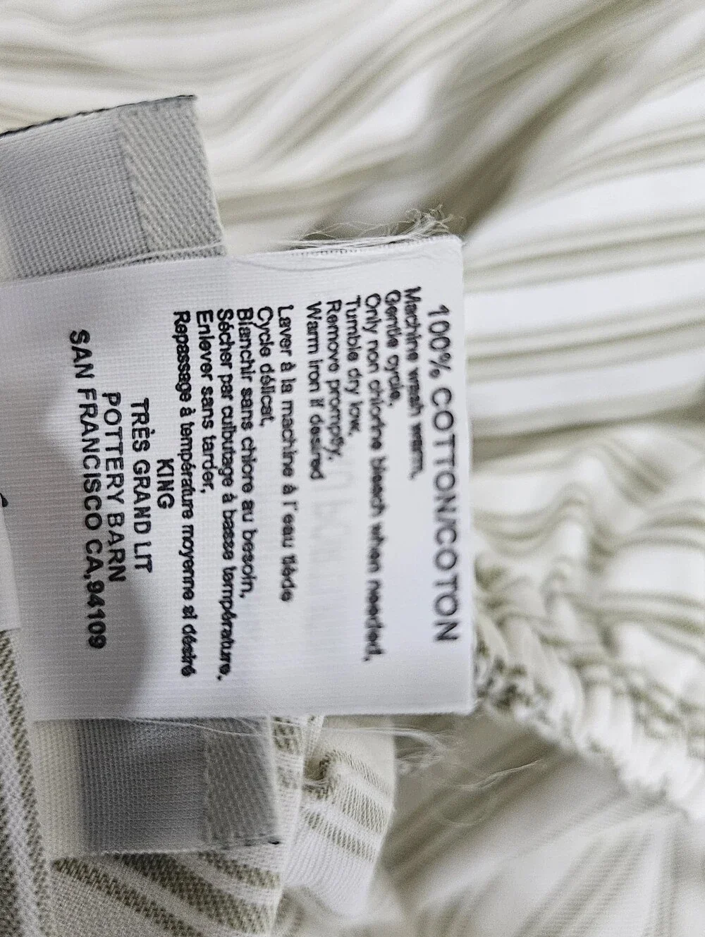 VTG Pottery Barn Olive Green Cream Ticking Stripe KING Fitted Sheet Cotton 2007